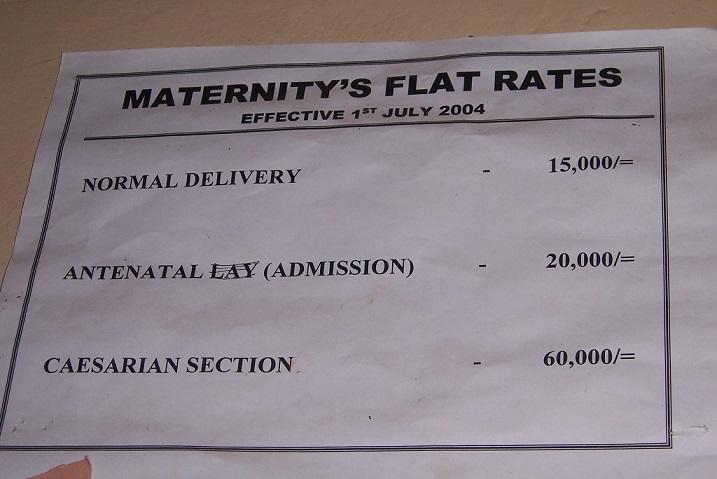 Uganda, under protection of the British Empire until the 1960's, uses shillings as currency. These hospital rates show that a normal delivery is approximately $6 USD, and a C-section birth is $24 USD.