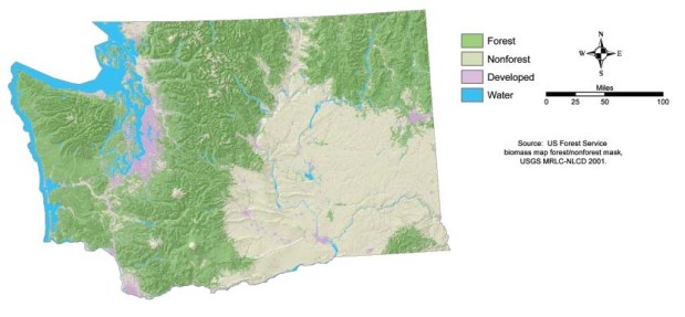 A US Forest Service map shows just how extensively forested the state of Washington is.